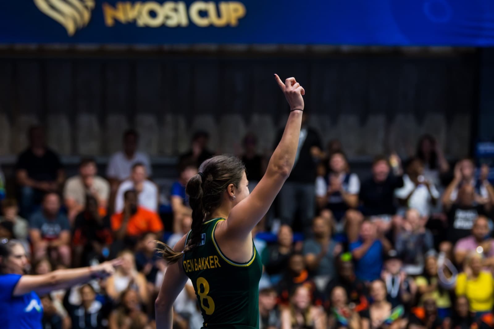 Cailie celebrating in front of the crowd at the Nkosi Cup women's final