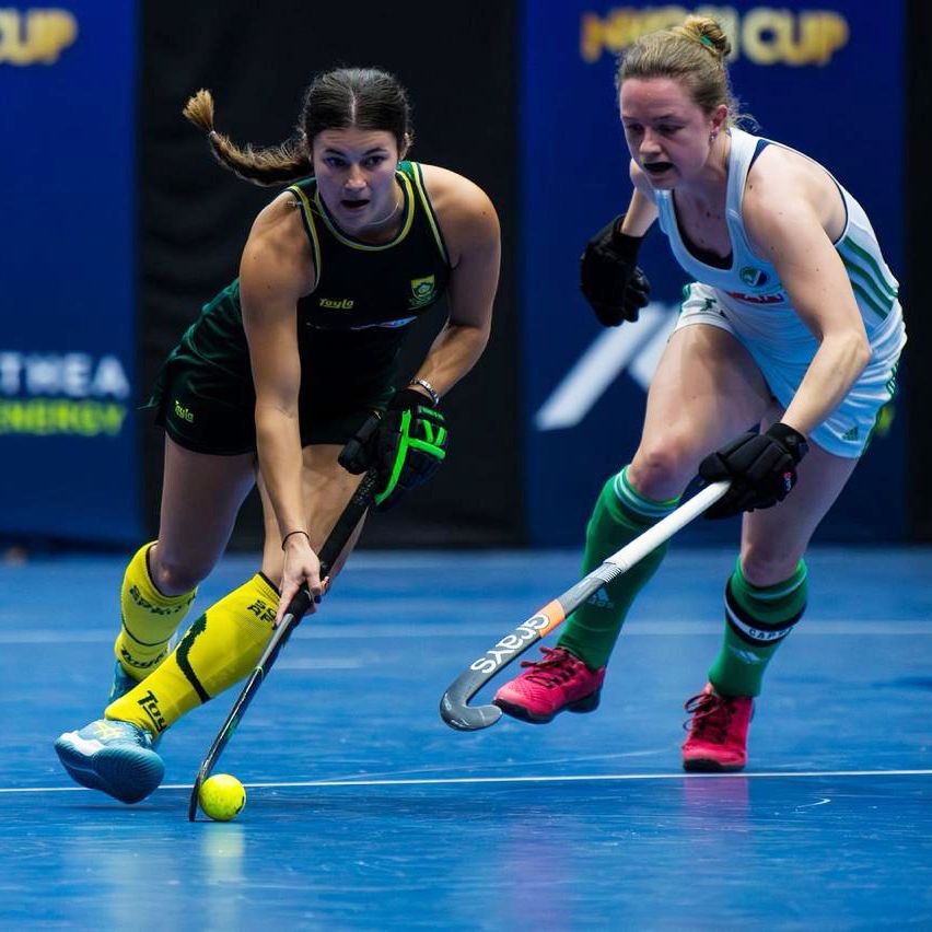 Cailie den Bakker on the ball for South Africa in indoor hockey